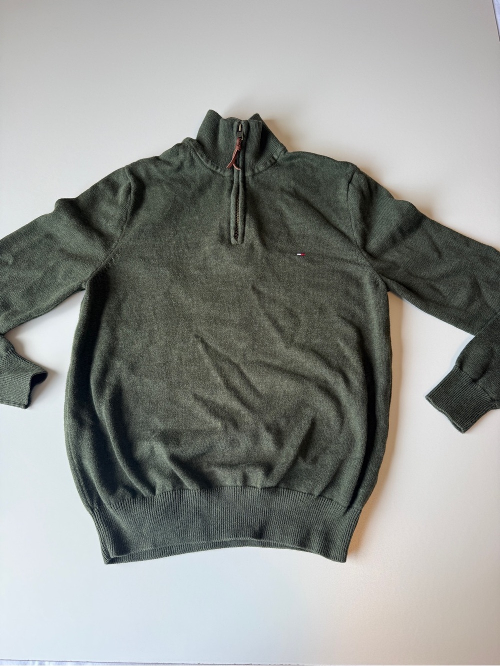 Tommy Hilfiger Men's Olive Green One Quarter Zip, Sz Small Cotton Sweater